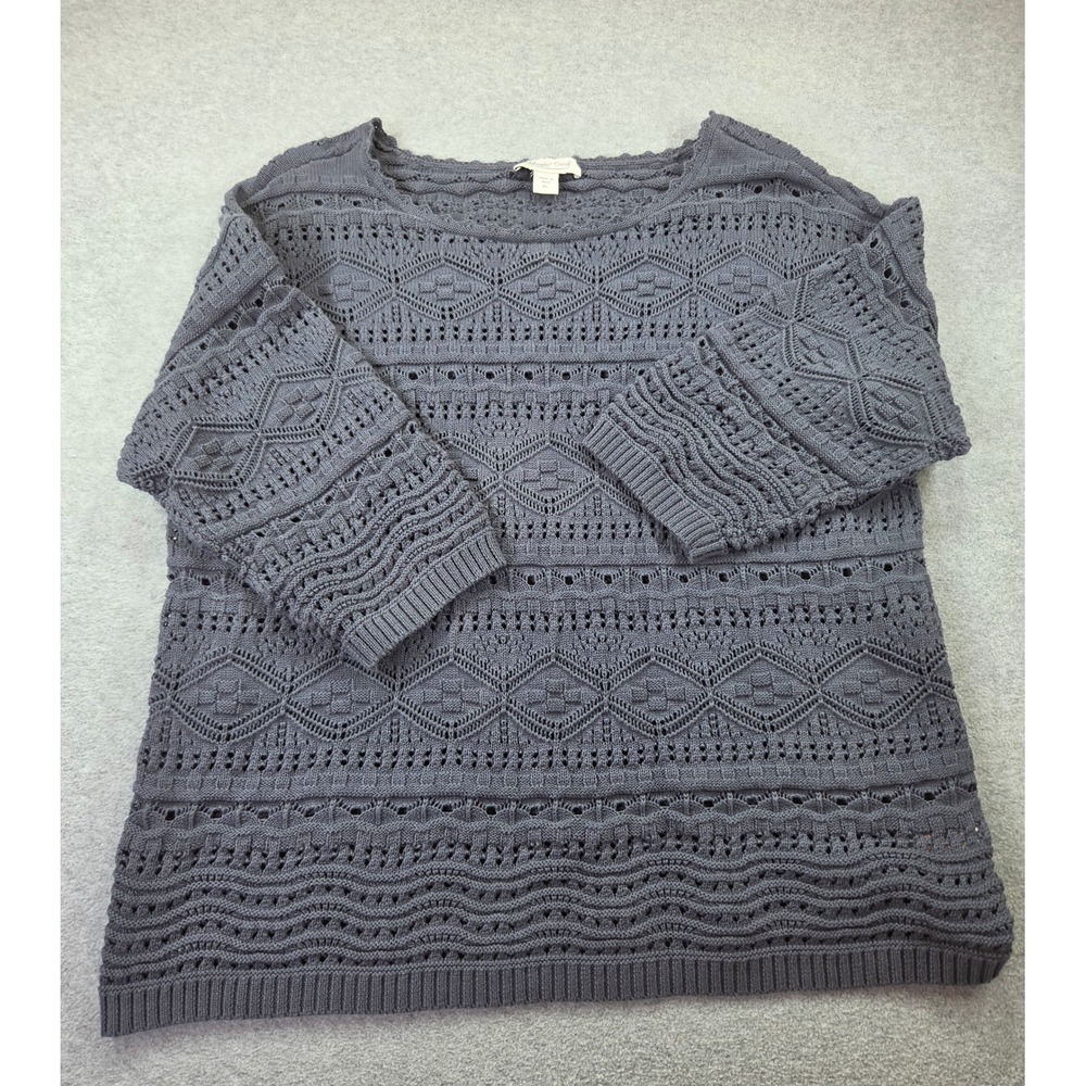 Coldwater Creek Womens Gray Open Knit Geometric Pullover Sweater Size Petite Lg